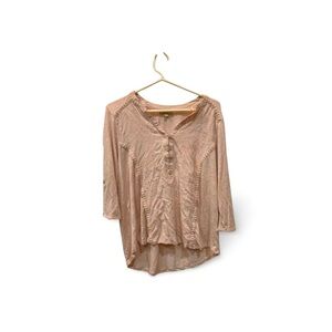 Democracy Pink Henley Tunic Top L | Embroidered Woven Rayon Blouse